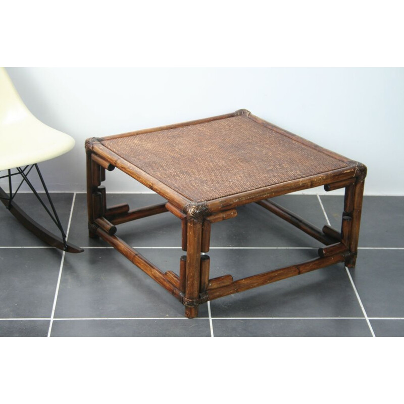 Table basse rotin carrée vintage 1970