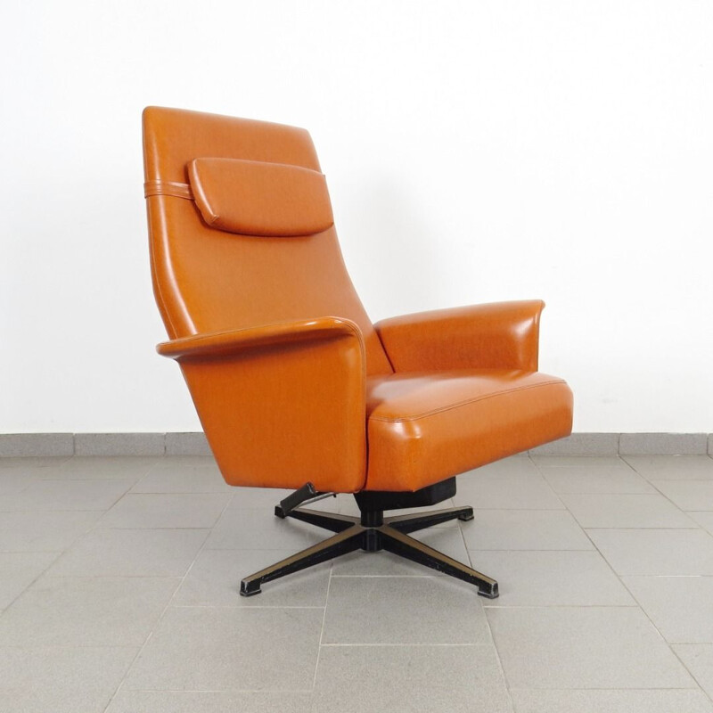Vintage orange leather armchair, Czechoslovakia, 1970s