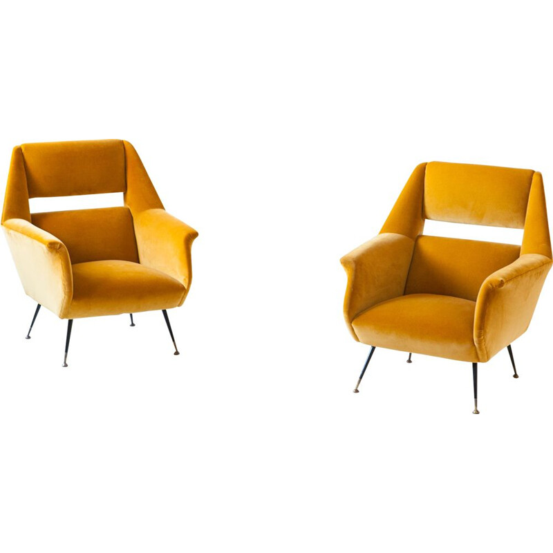 Pair of Vintage Italian Senape Velvet Lounge Chairs by Gigi Radice