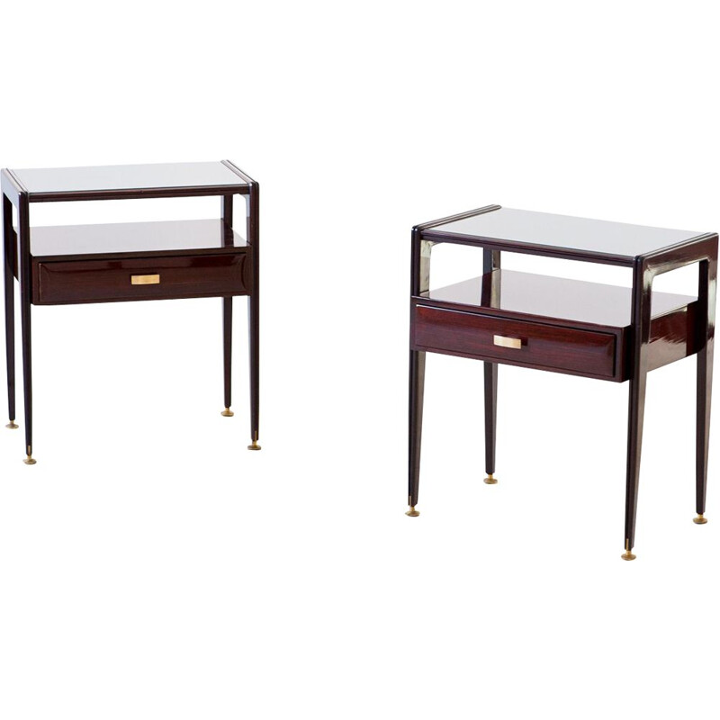 Pair of Vintage Italian mahogany Bedside Tables with Glass Top 1950