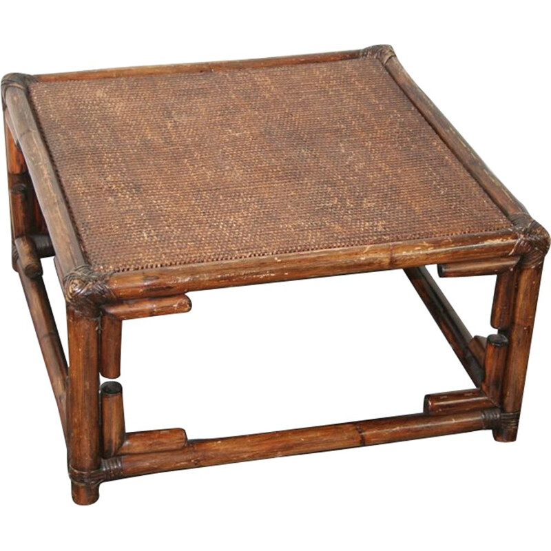 Square vintage rattan coffee table 1970