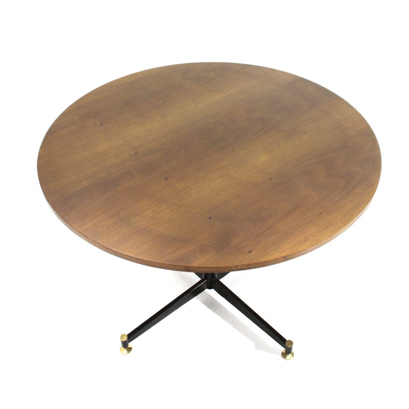 Round vintage dining table in wood and black metal, 1950s