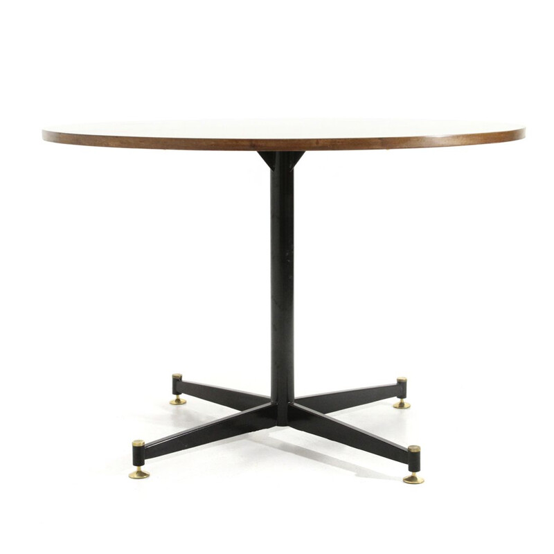 Round vintage dining table in wood and black metal, 1950s