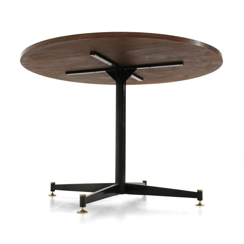 Round vintage dining table in wood and black metal, 1950s