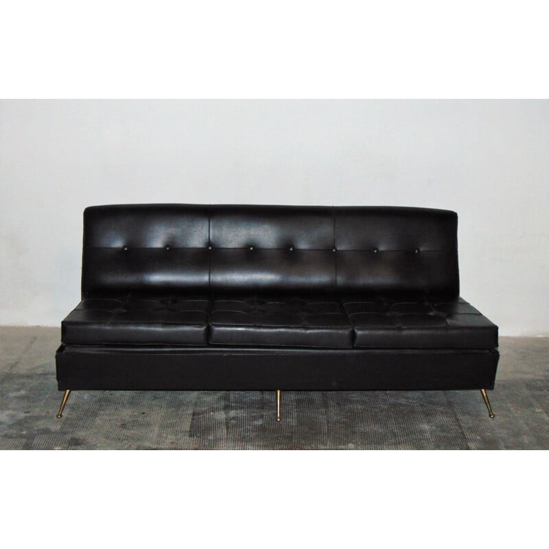 Vintage black sofa in leatherette with brass feet