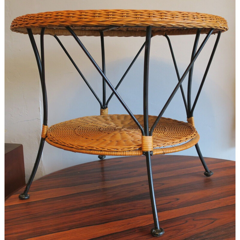 Vintage Rattan and Black Metal Two-Tier Coffee Table 1960