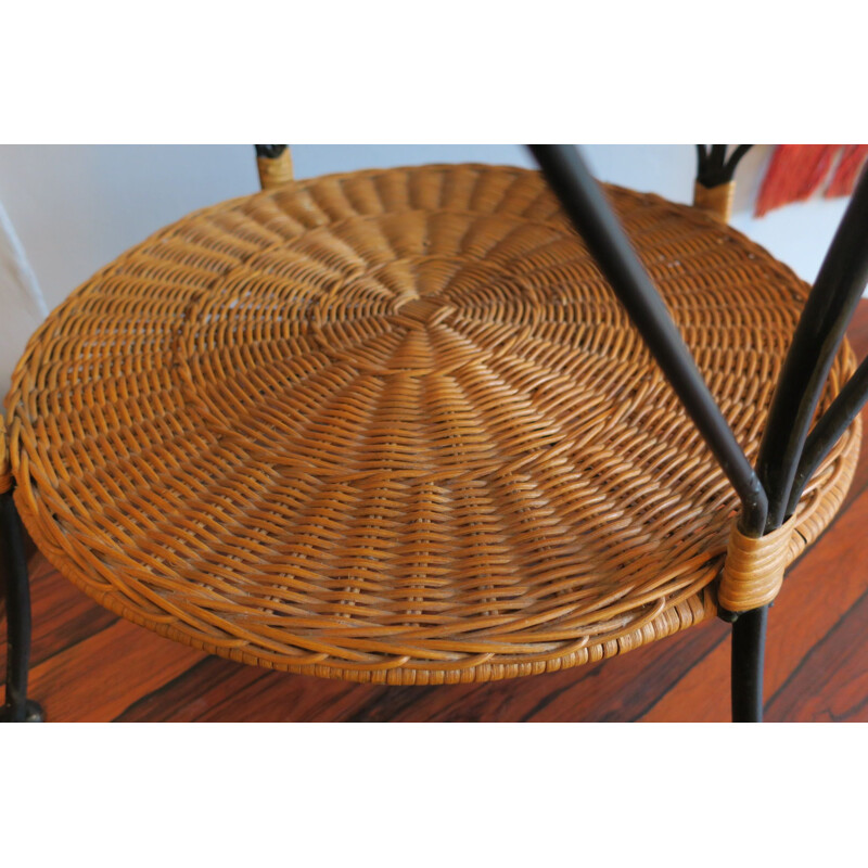 Vintage Rattan and Black Metal Two-Tier Coffee Table 1960