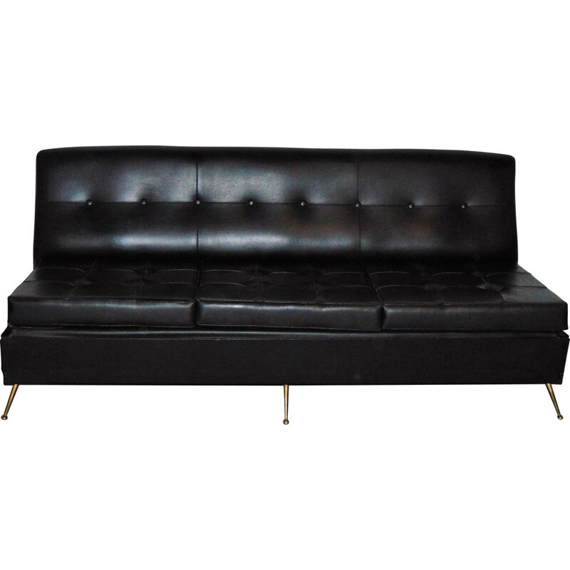 Canapé vintage noir en simili cuir avec pieds en laiton