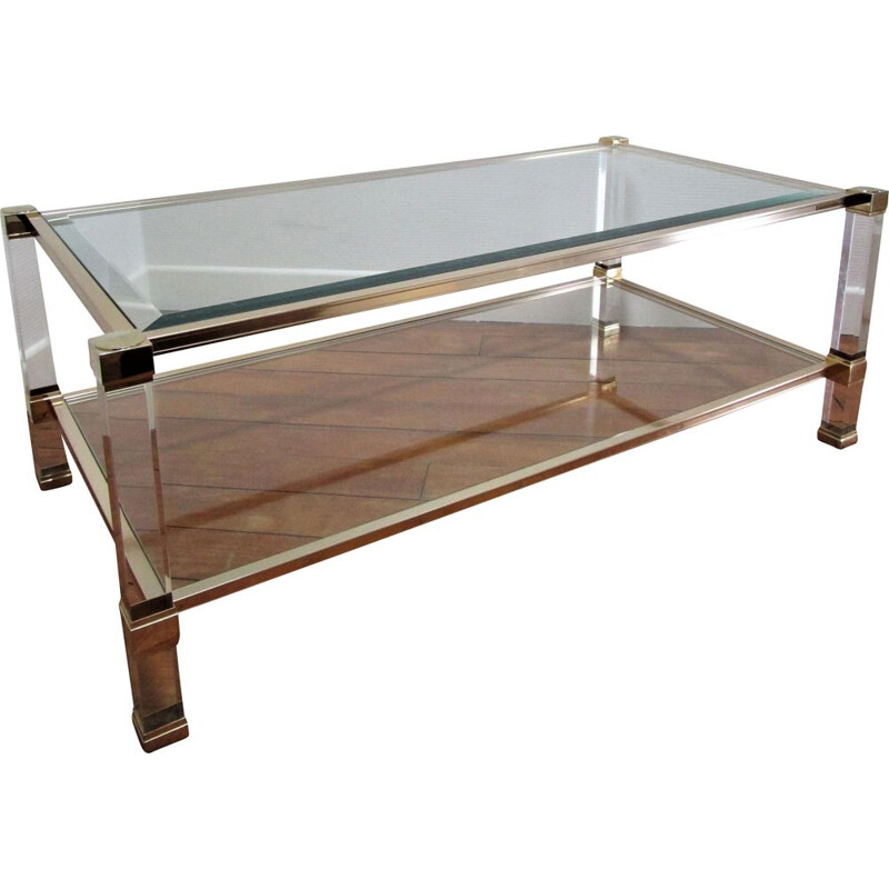 Vintage coffee table Pierre Vandel Plexiglas glass and golden metal 1970