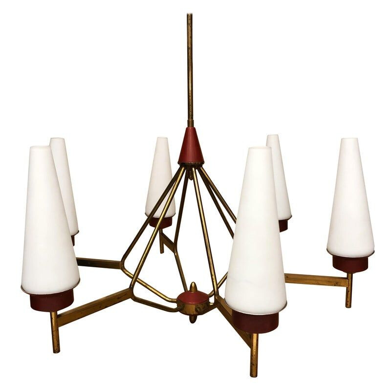 Vintage brass and opaline glass Chandelier, Italy, 1950s