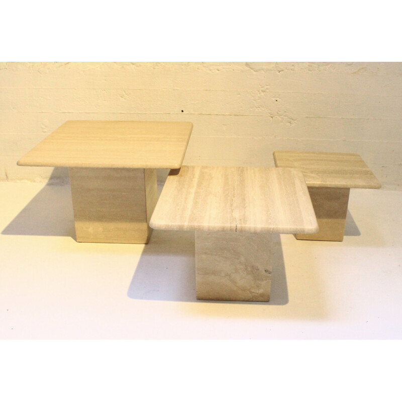 Suite of 3 vintage coffee tables in travertine, 1970s