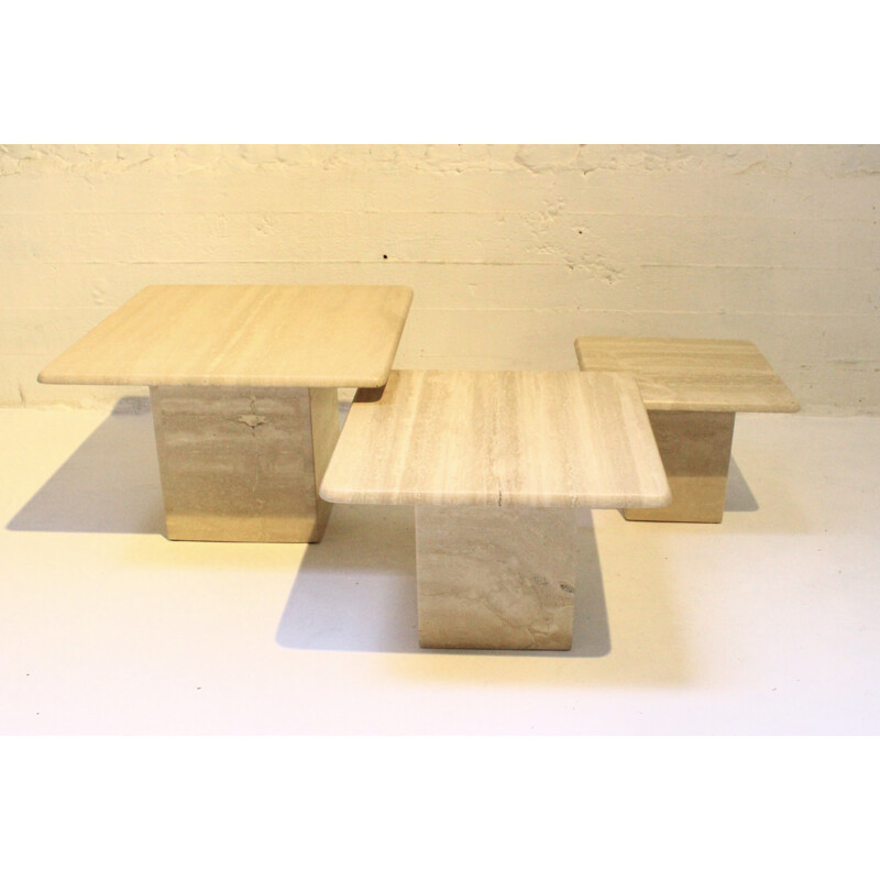 Suite of 3 vintage coffee tables in travertine, 1970s