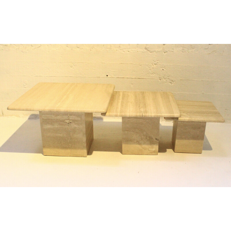 Suite of 3 vintage coffee tables in travertine, 1970s
