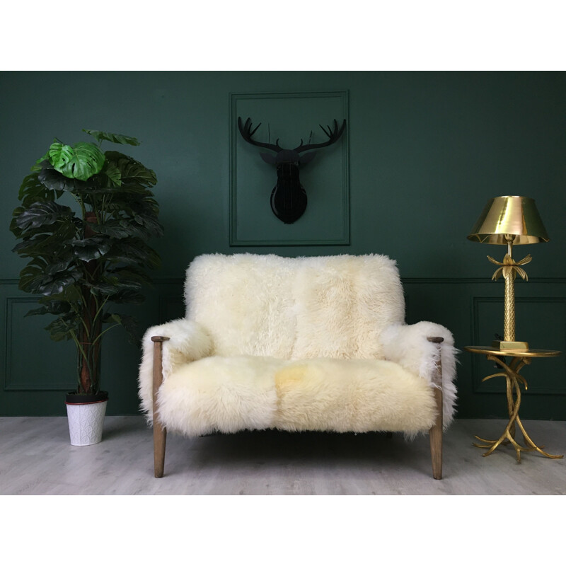 Vintage Art Deco white sofa in sheepskin and wood sofa by Parker Knoll