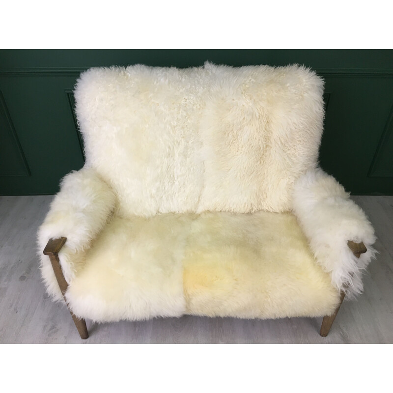 Vintage Art Deco white sofa in sheepskin and wood sofa by Parker Knoll