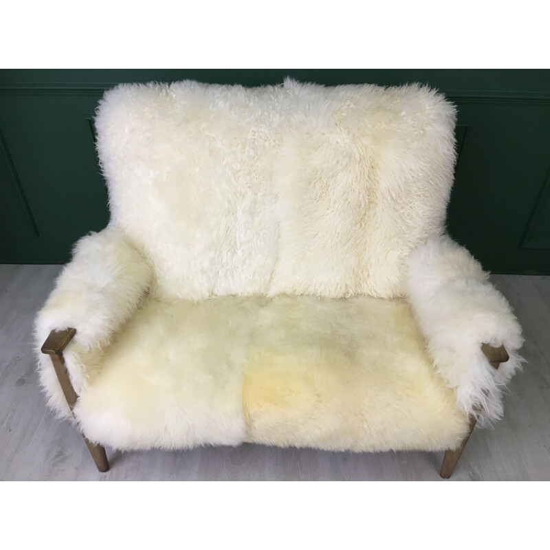 Vintage Art Deco white sofa in sheepskin and wood sofa by Parker Knoll