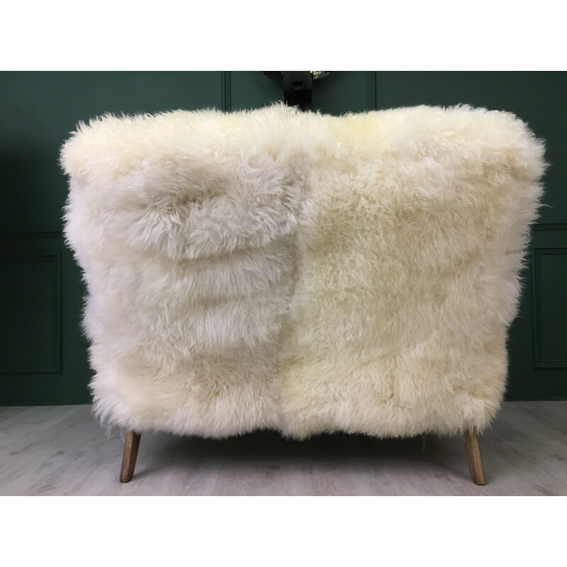 Vintage Art Deco white sofa in sheepskin and wood sofa by Parker Knoll