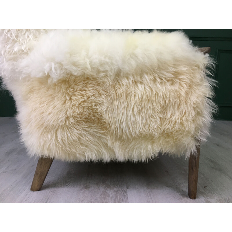 Vintage Art Deco white sofa in sheepskin and wood sofa by Parker Knoll