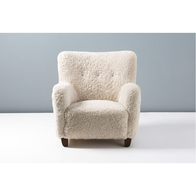 Vintage Sheepskin Armchair n the manner of Fritz Hansen 1940