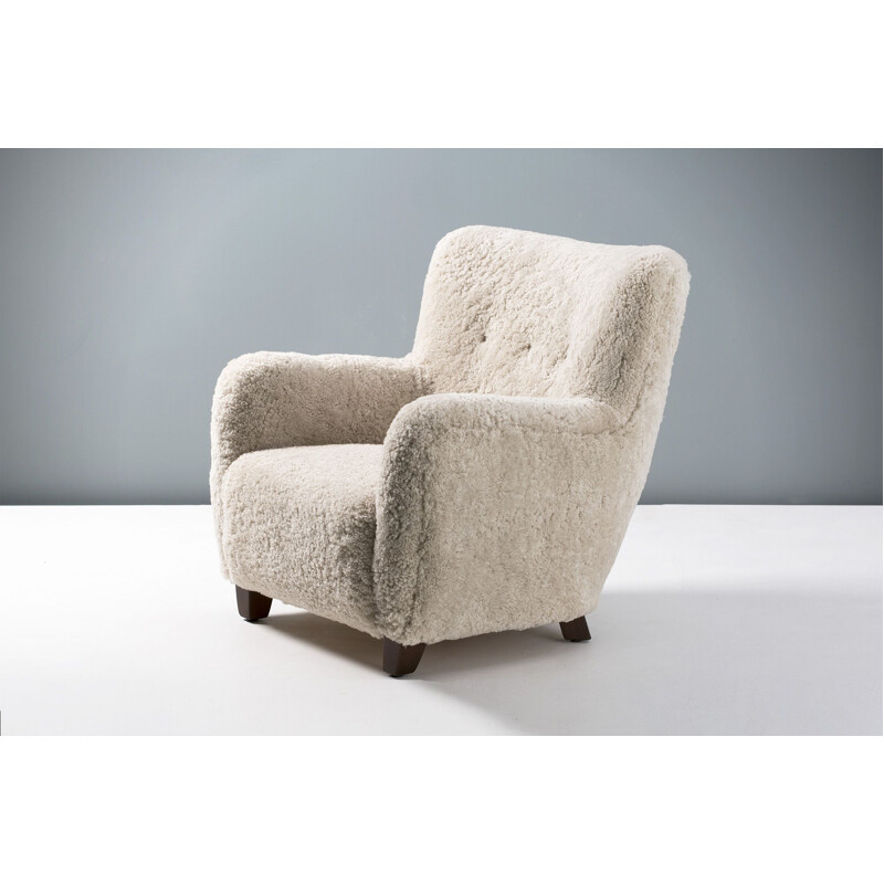 Vintage Sheepskin Armchair n the manner of Fritz Hansen 1940