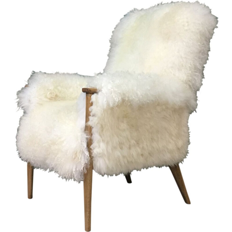 Fauteuil vintage en peau de mouton blanc par Parker Knoll