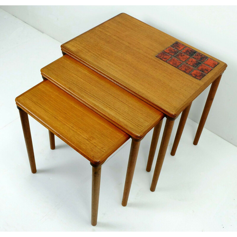 Set of 3 danish teak vintage nesting tables with ceramic tiles, 1960s