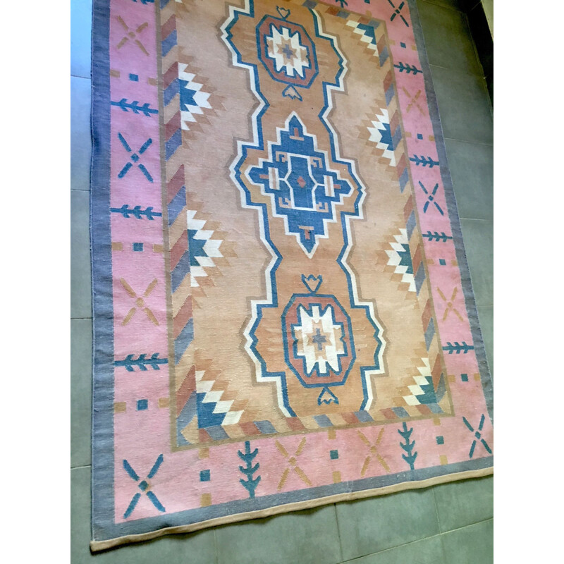 Vintage woven cotton Kilim carpet, 1990s