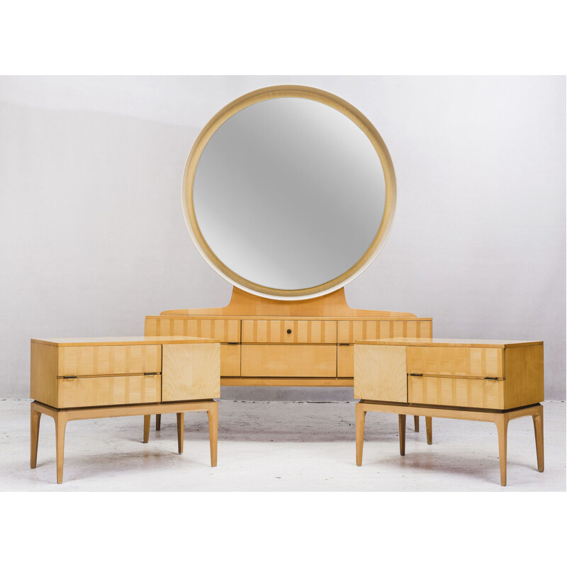 Vintage dressing table with mirror and double maple bedside tables, 1950s