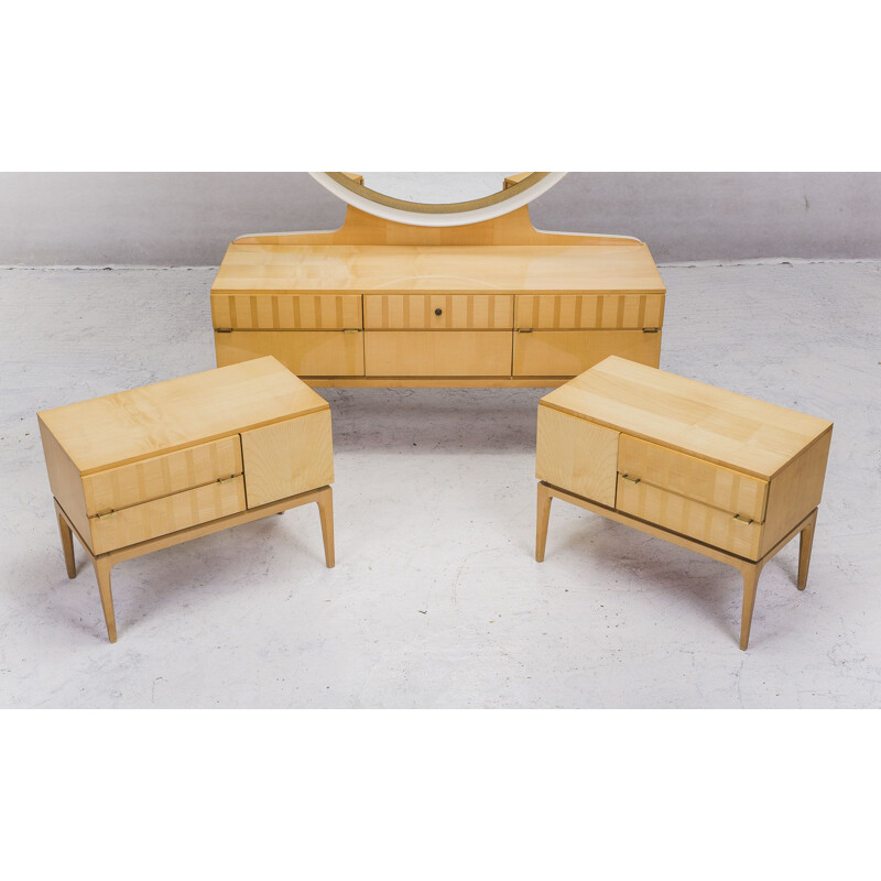 Vintage dressing table with mirror and double maple bedside tables, 1950s