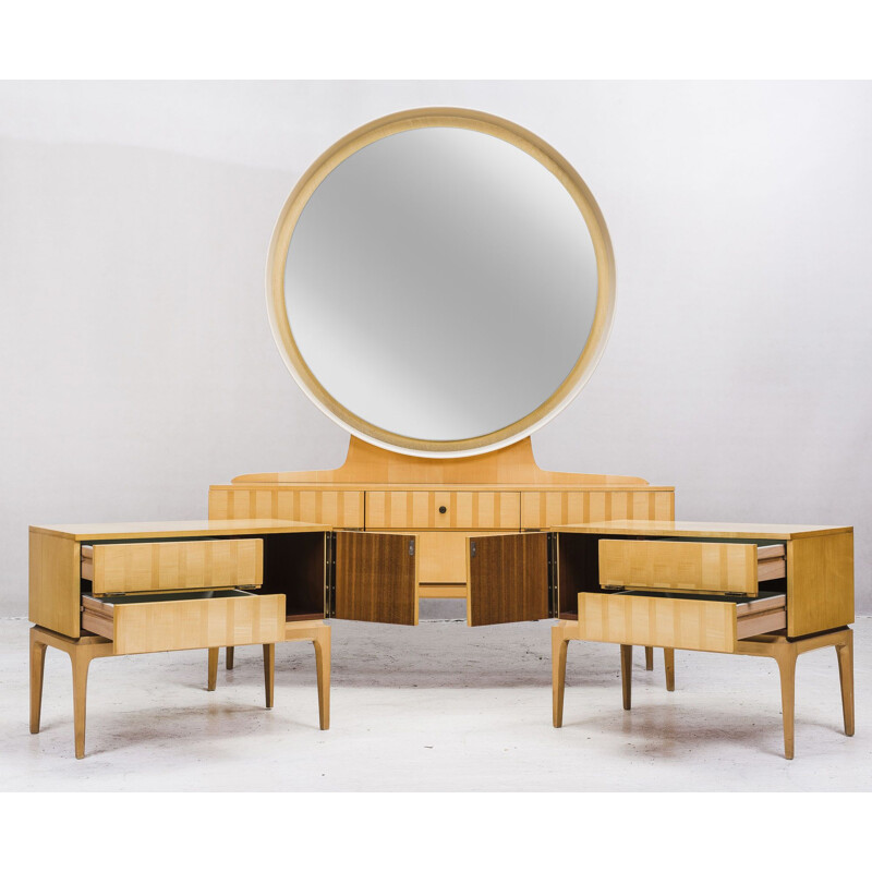 Vintage dressing table with mirror and double maple bedside tables, 1950s