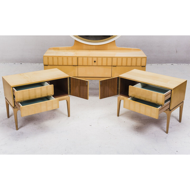 Vintage dressing table with mirror and double maple bedside tables, 1950s