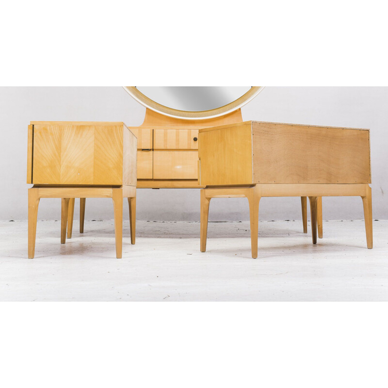 Vintage dressing table with mirror and double maple bedside tables, 1950s