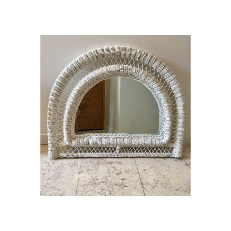 Vintage white and rattan mirror