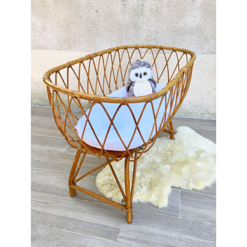 Vintage rattan cradle and organic mattress, France