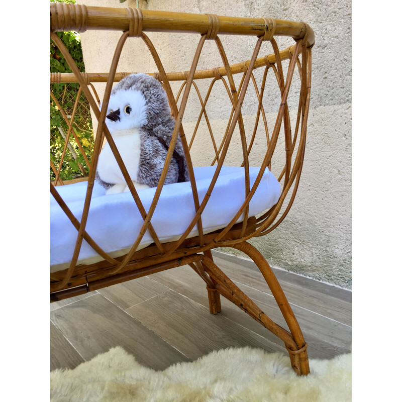 Vintage rattan cradle and organic mattress, France