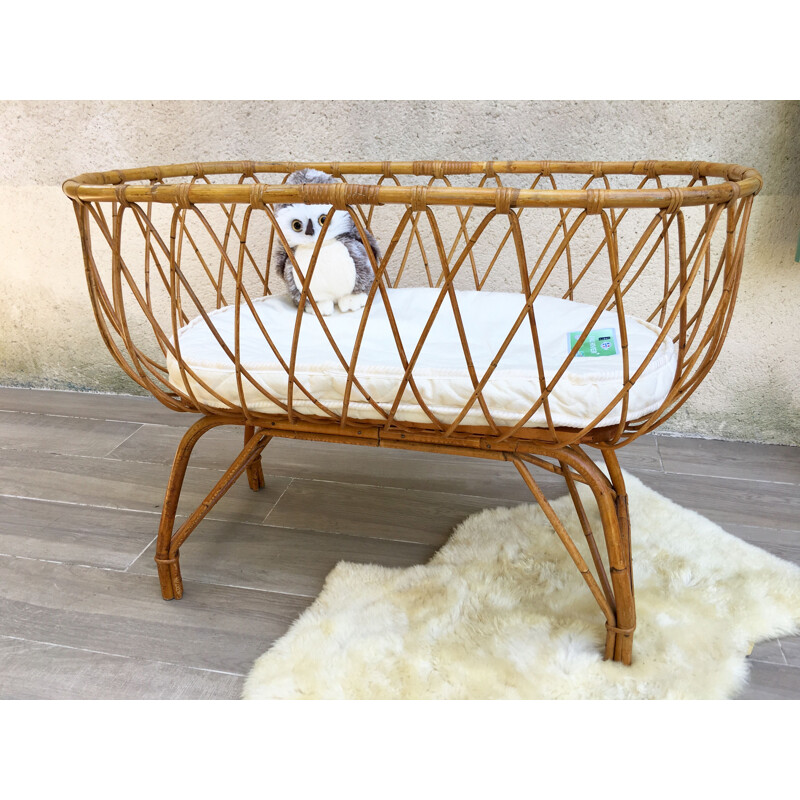 Vintage rattan cradle and organic mattress, France