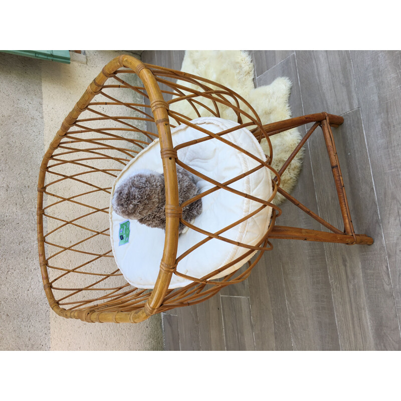 Vintage rattan cradle and organic mattress, France