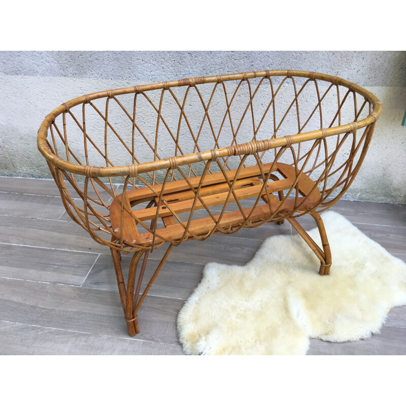Vintage rattan cradle and organic mattress, France