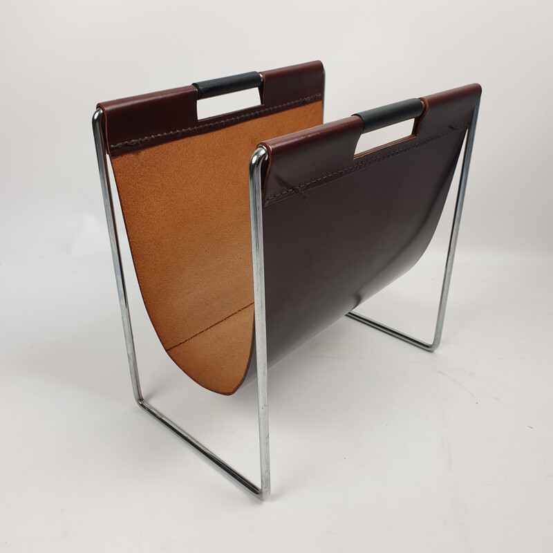 Leather and chrome vintage magazine rack by Brabantia, 1970s