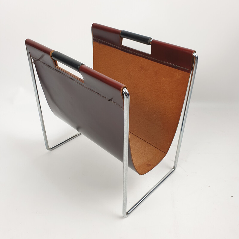 Leather and chrome vintage magazine rack by Brabantia, 1970s