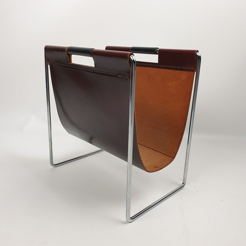 Leather and chrome vintage magazine rack by Brabantia, 1970s