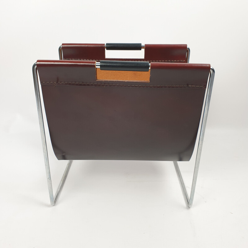 Leather and chrome vintage magazine rack by Brabantia, 1970s