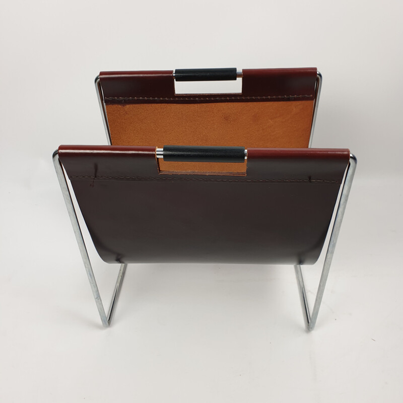 Leather and chrome vintage magazine rack by Brabantia, 1970s