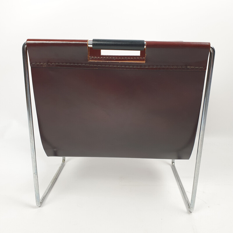 Leather and chrome vintage magazine rack by Brabantia, 1970s