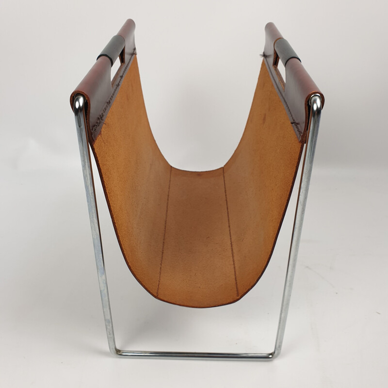 Leather and chrome vintage magazine rack by Brabantia, 1970s