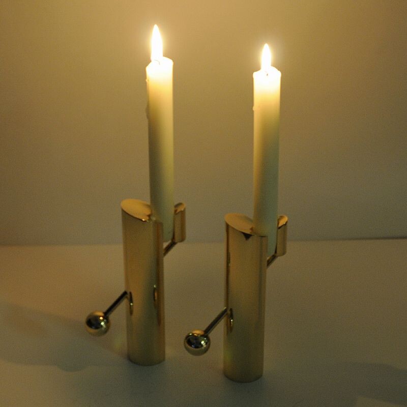 Pair of brass vintage candle holder by Pierre Forsell for Skultuna, Sweden, 1960s