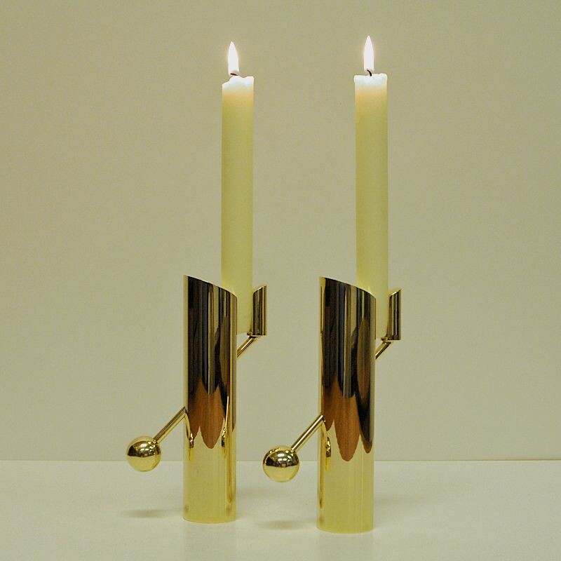 Pair of brass vintage candle holder by Pierre Forsell for Skultuna, Sweden, 1960s