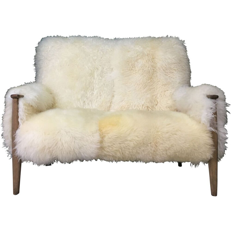 Vintage Art Deco white sofa in sheepskin and wood sofa by Parker Knoll