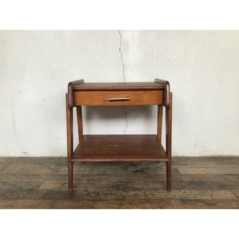 Vintage oak bedside table with compass legs, 1950
