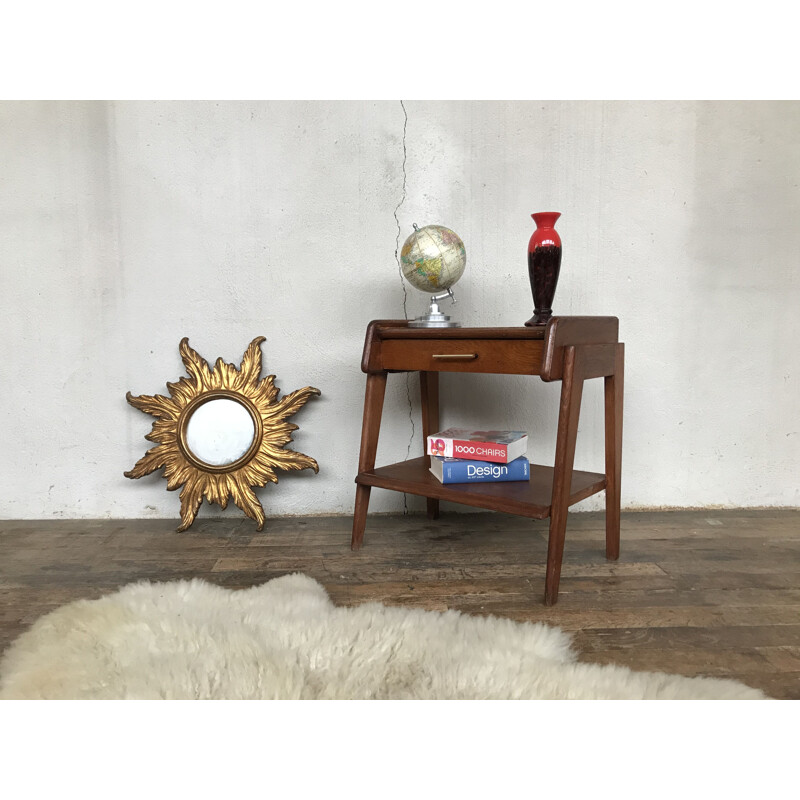 Vintage oak bedside table with compass legs, 1950